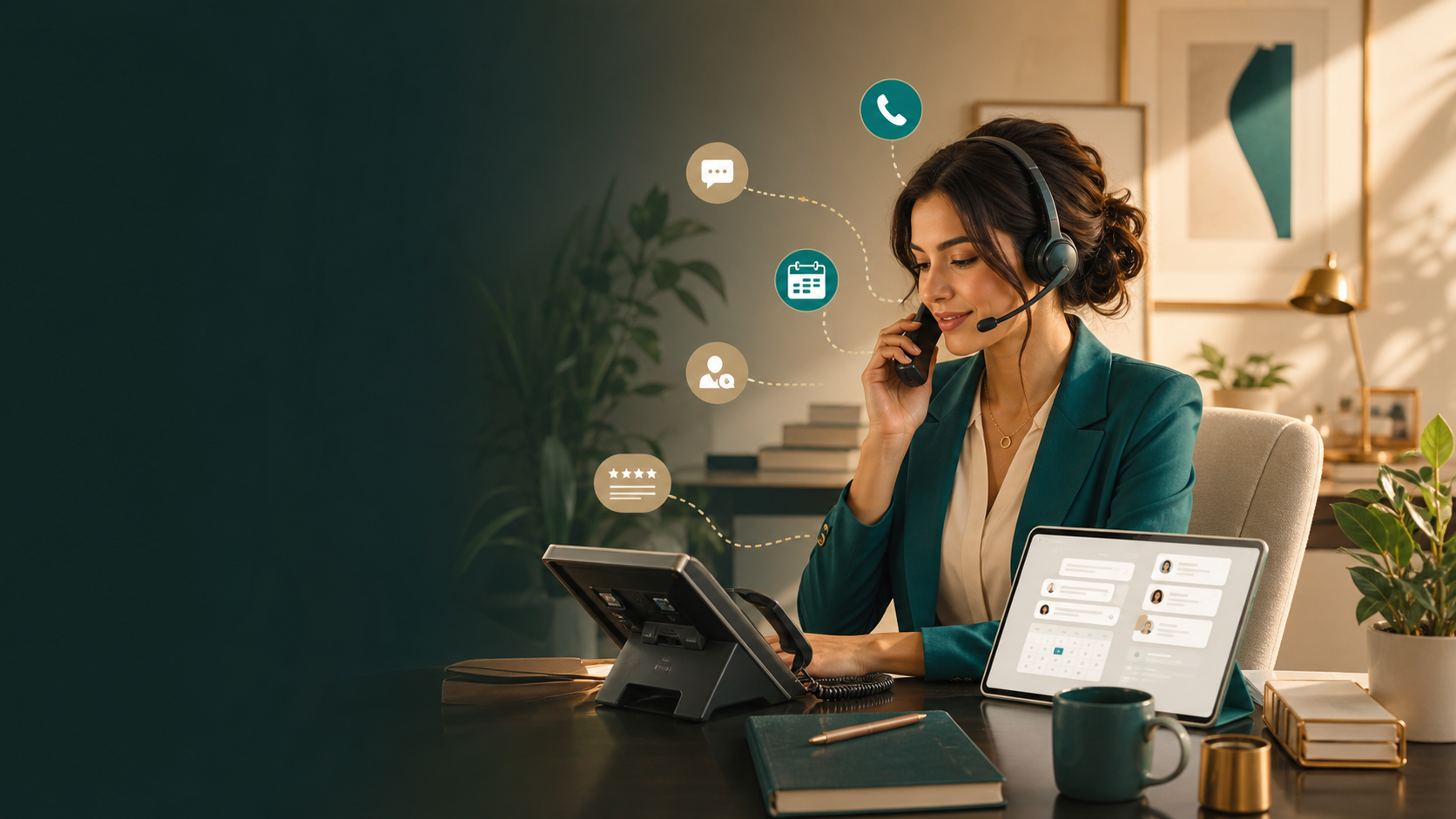 Phone, headset, CRM dashboard, and call notes representing speed to lead